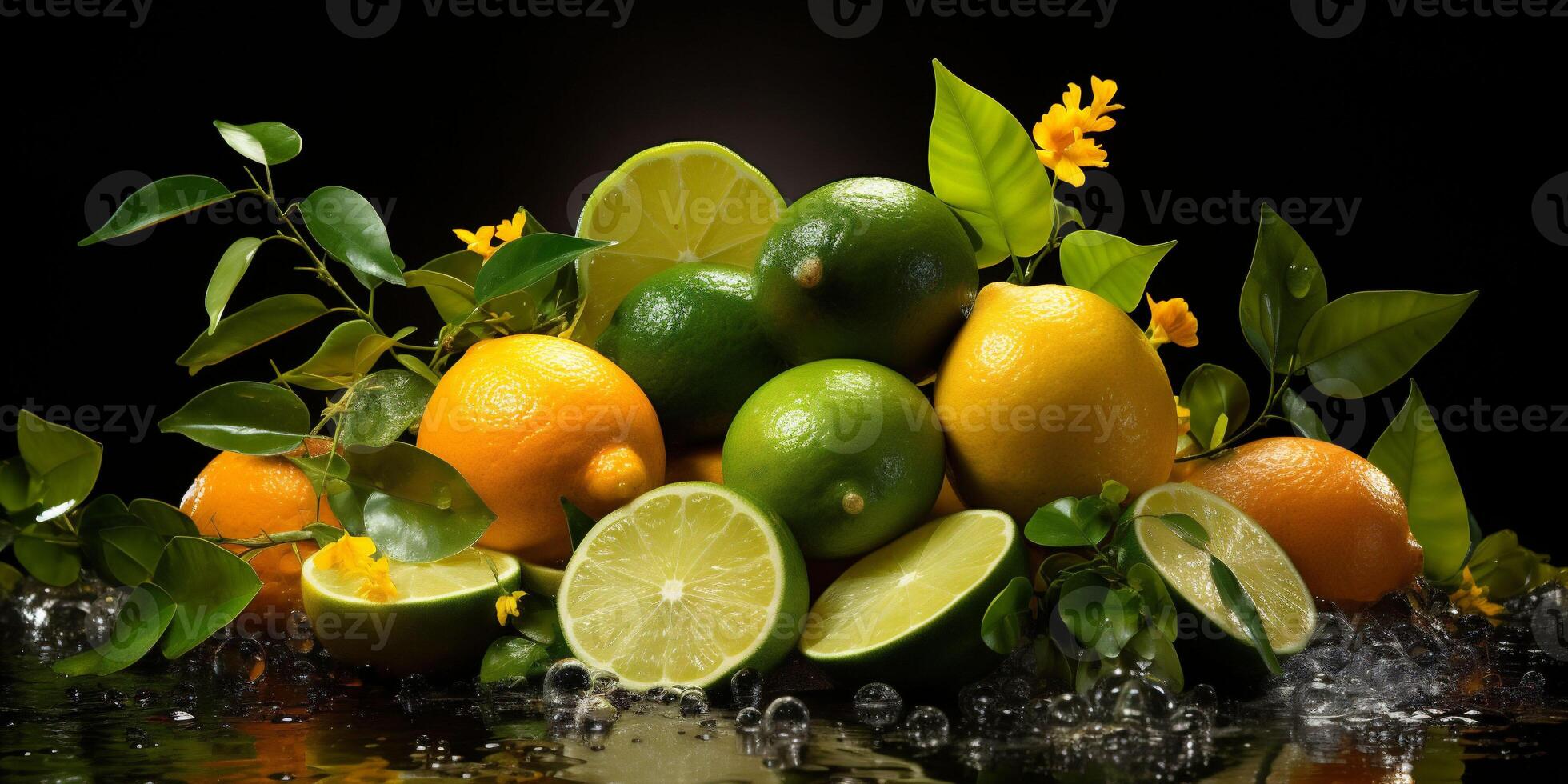 Citrus assortment. Bruit background of citrus fruits oranges, limes and lemons on black background. Copy space photo