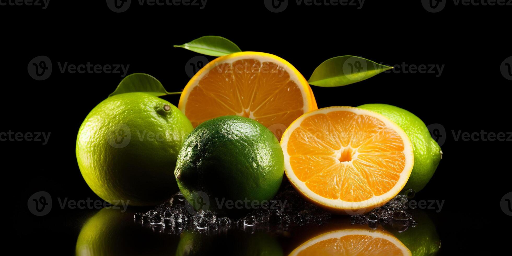 Citrus assortment. Bruit background of citrus fruits oranges, limes and lemons on black background. Copy space photo