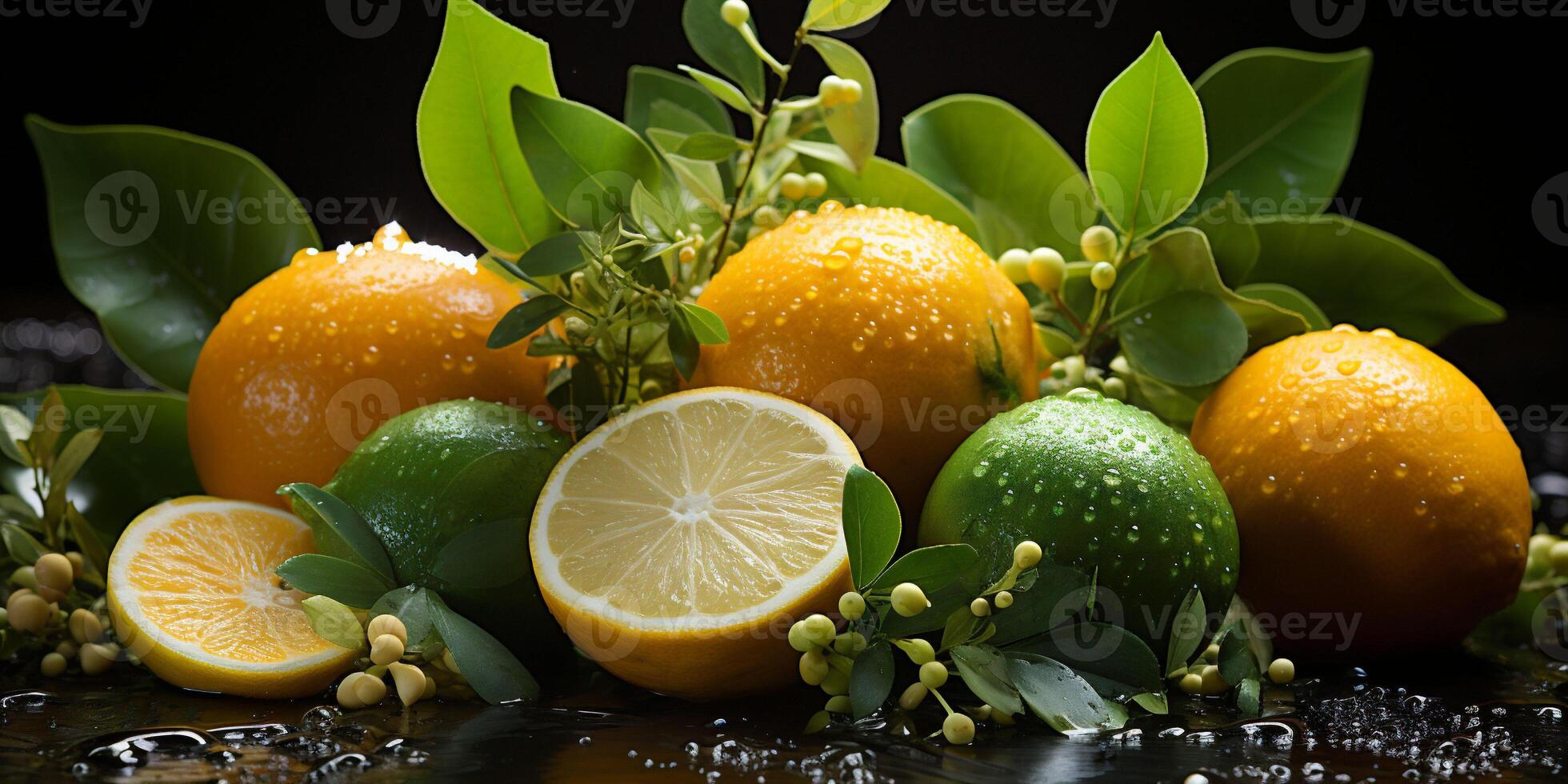 Citrus assortment. Bruit background of citrus fruits oranges, limes and lemons on black background. Copy space photo
