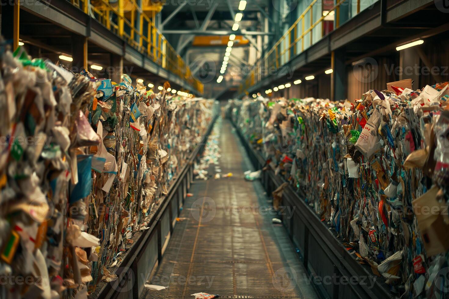 The depth of a recycling warehouse is highlighted by enormous stacks of sorted and compressed waste on either side, emphasizing the industrial side of environmental conservation. photo
