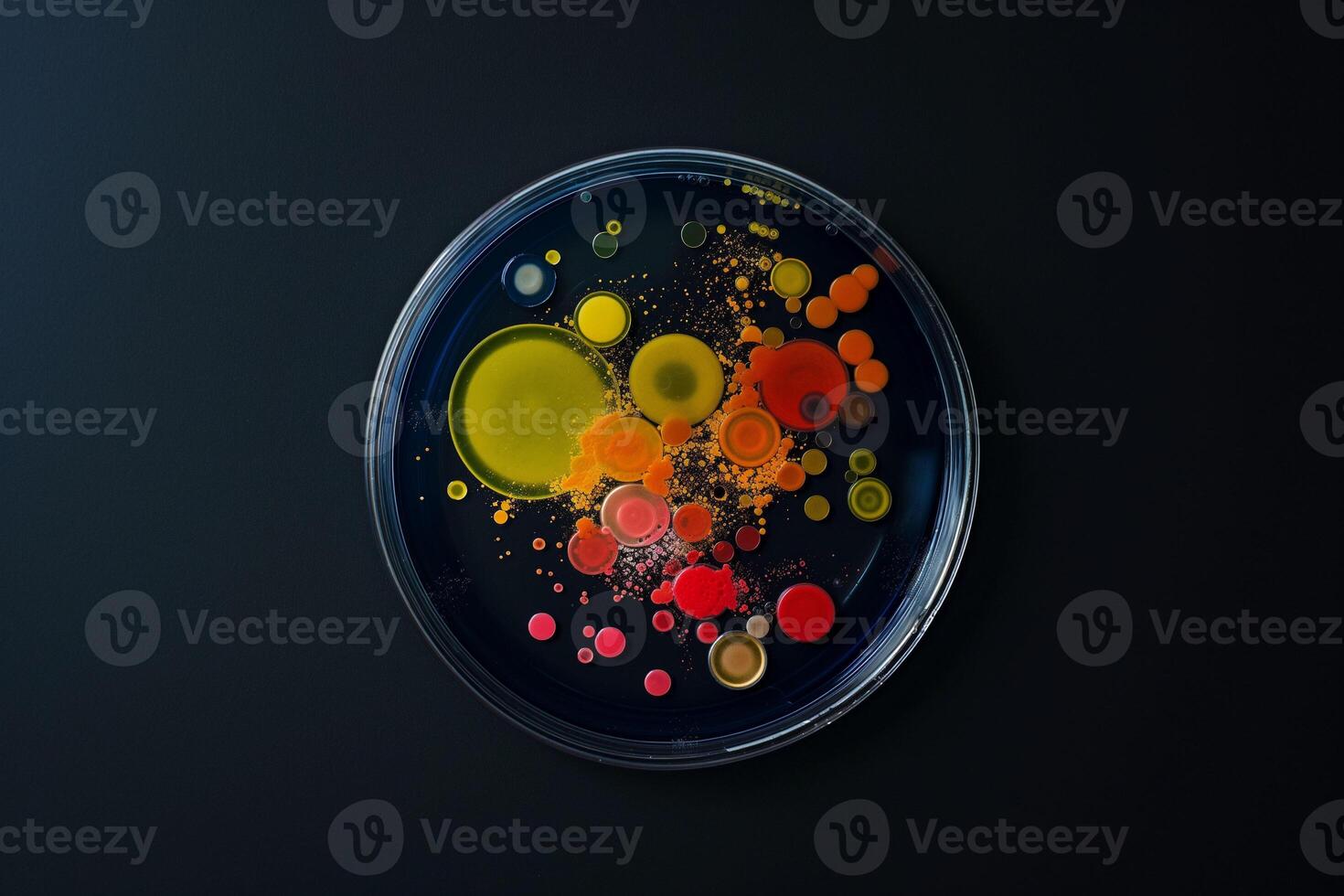 An artistic rendition of bacteria cultured in a Petri dish, highlighted by vivid, vibrant colors. complex and often beautiful nature of scientific research in microbiology. photo