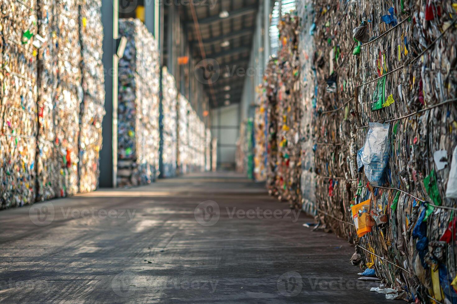Inside a recycling facility, walls of compacted waste create a dramatic corridor. The image captures the scale of urban waste management and recycling efforts. photo