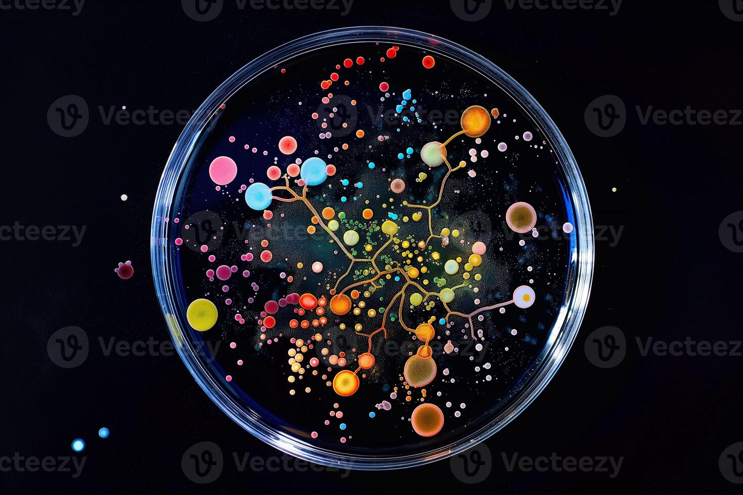 Colorful microbial cultures in a Petri dish linked by geometric lines, highlighting network science in microbiology, perfect for educational use. photo