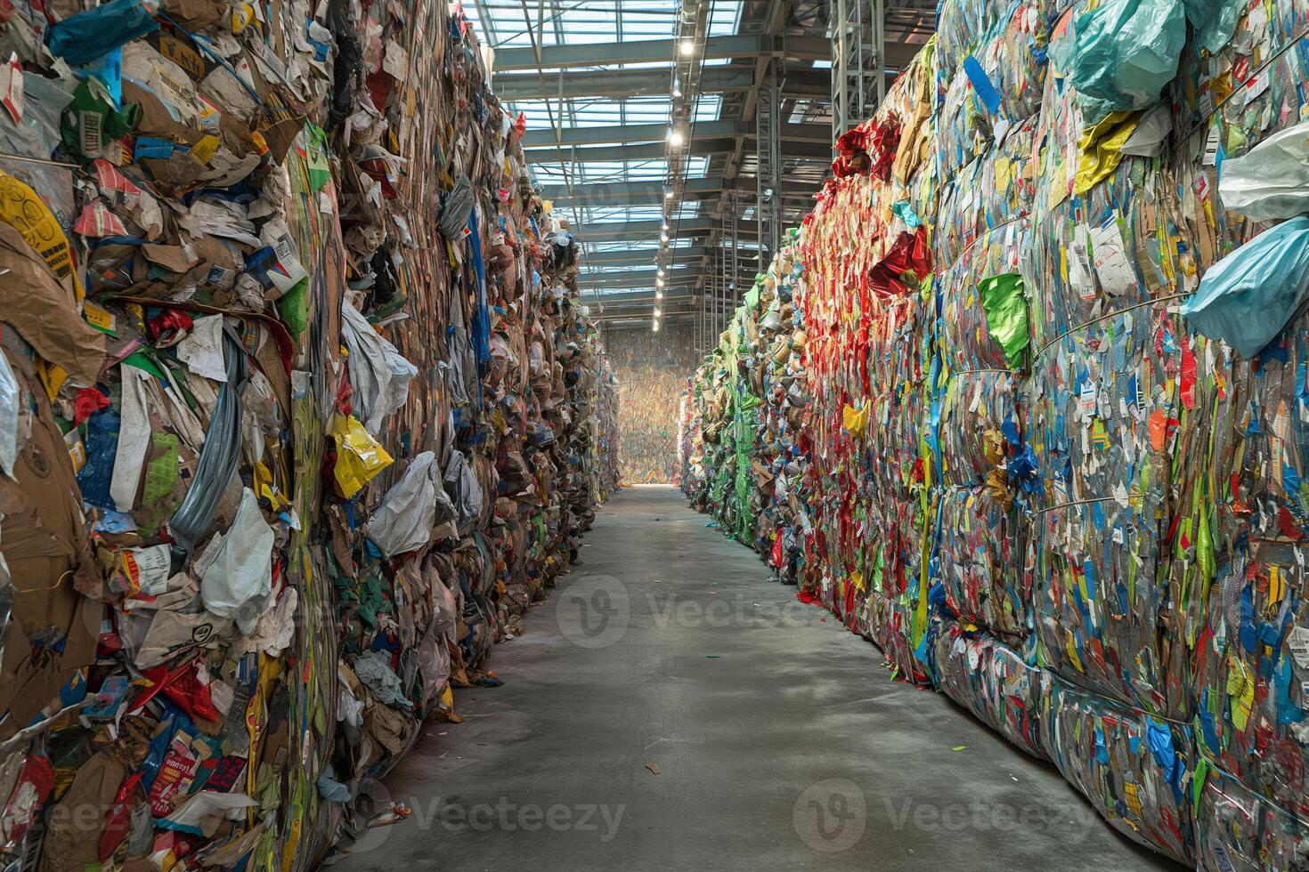 A recycling plants corridor lined with towering bales of compressed recyclables, showcasing the vast amount of material processed and the importance of sustainable practices. photo