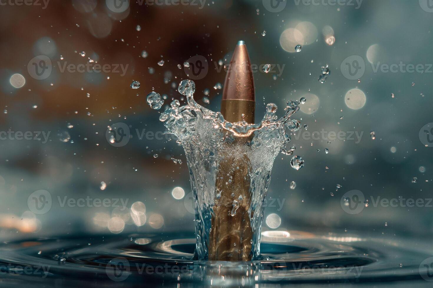 This dramatic macro photograph captures a shot, bullet frozen in motion as it plunges into water, splash effects that illustrate the powerful interaction between solid and liquid. photo