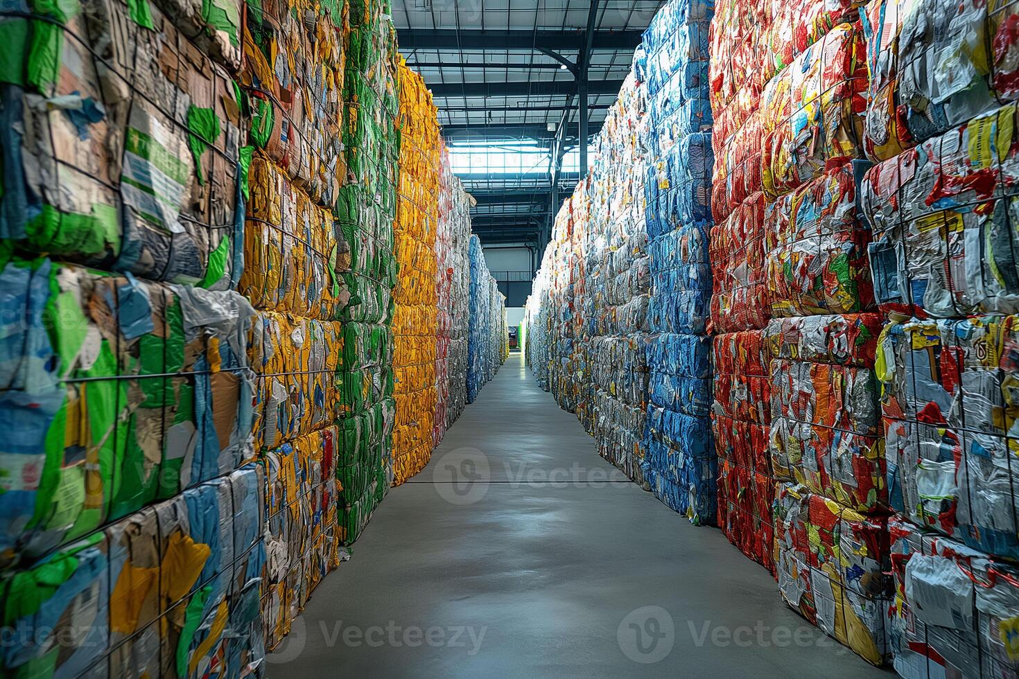 A narrow aisle runs between immense walls of densely packed recycled materials, illustrating the tangible results of community recycling initiatives and the ongoing effort to reduce landfill use. photo
