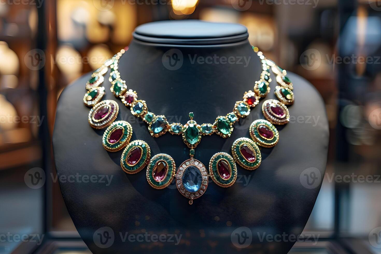 A close up of a necklace on display in a glass case photo