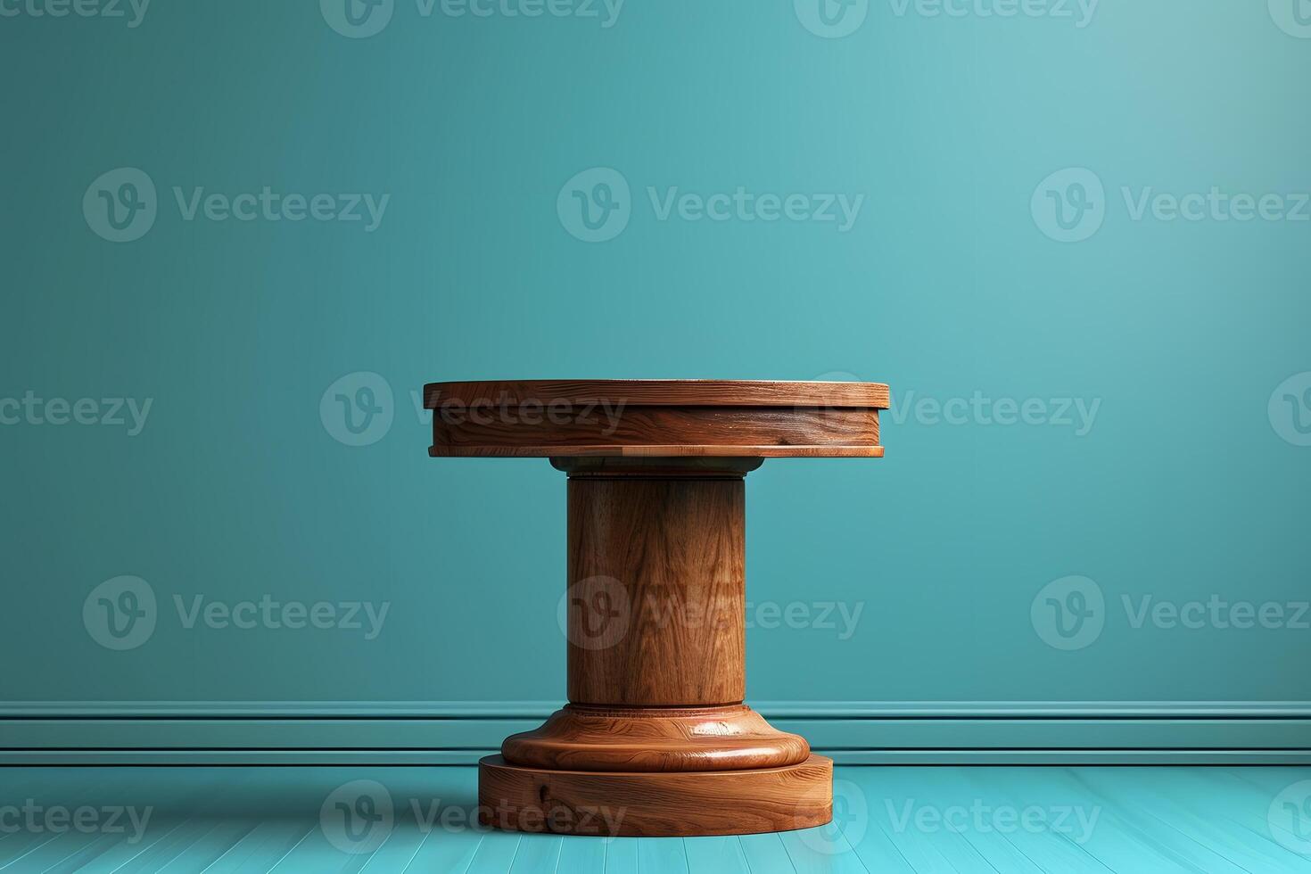 A close up of a wooden table on a blue floor photo