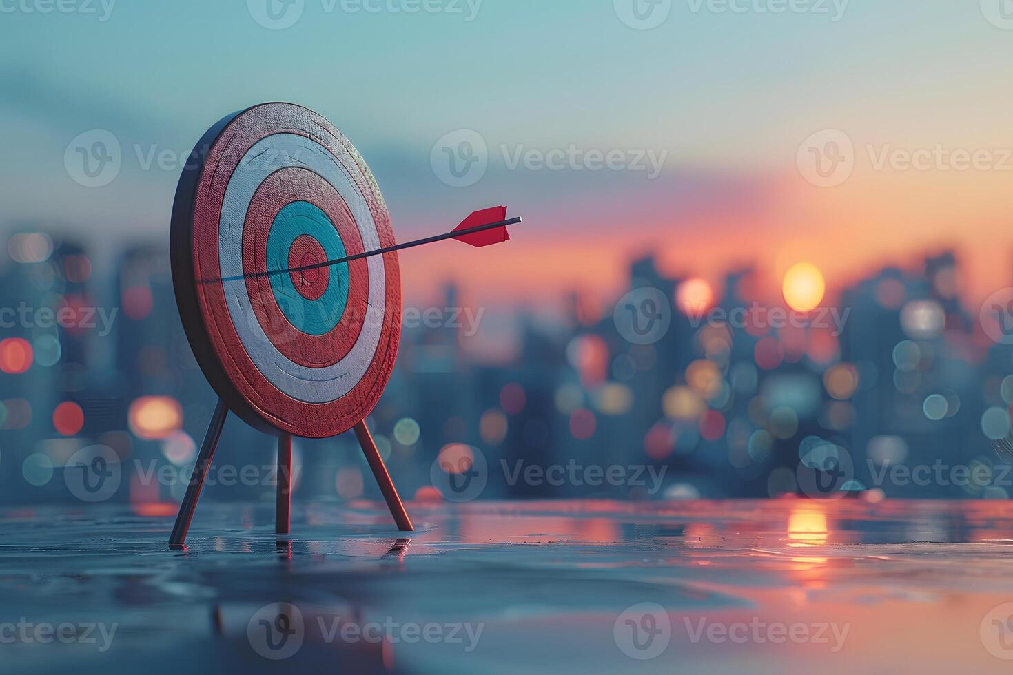 Success concept, arrows hitting bullseye on urban backdrop photo