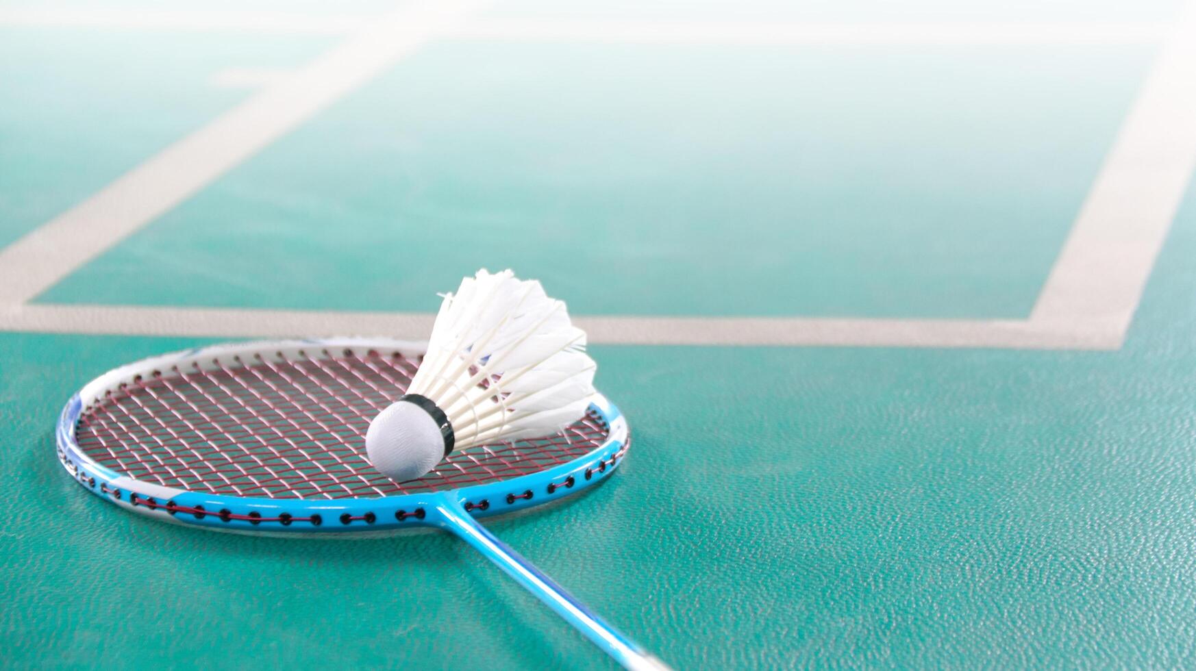 White badminton shuttlecocks and badminton rackets on green floor indoor badminton court photo