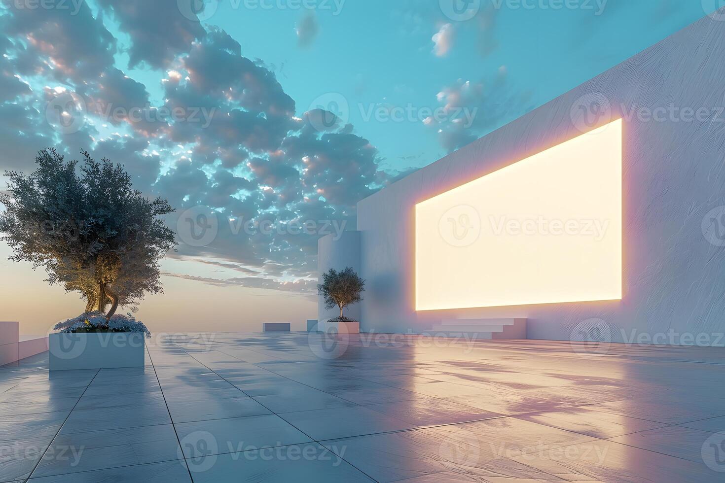 A large screen in a white room with a tree in the middle photo