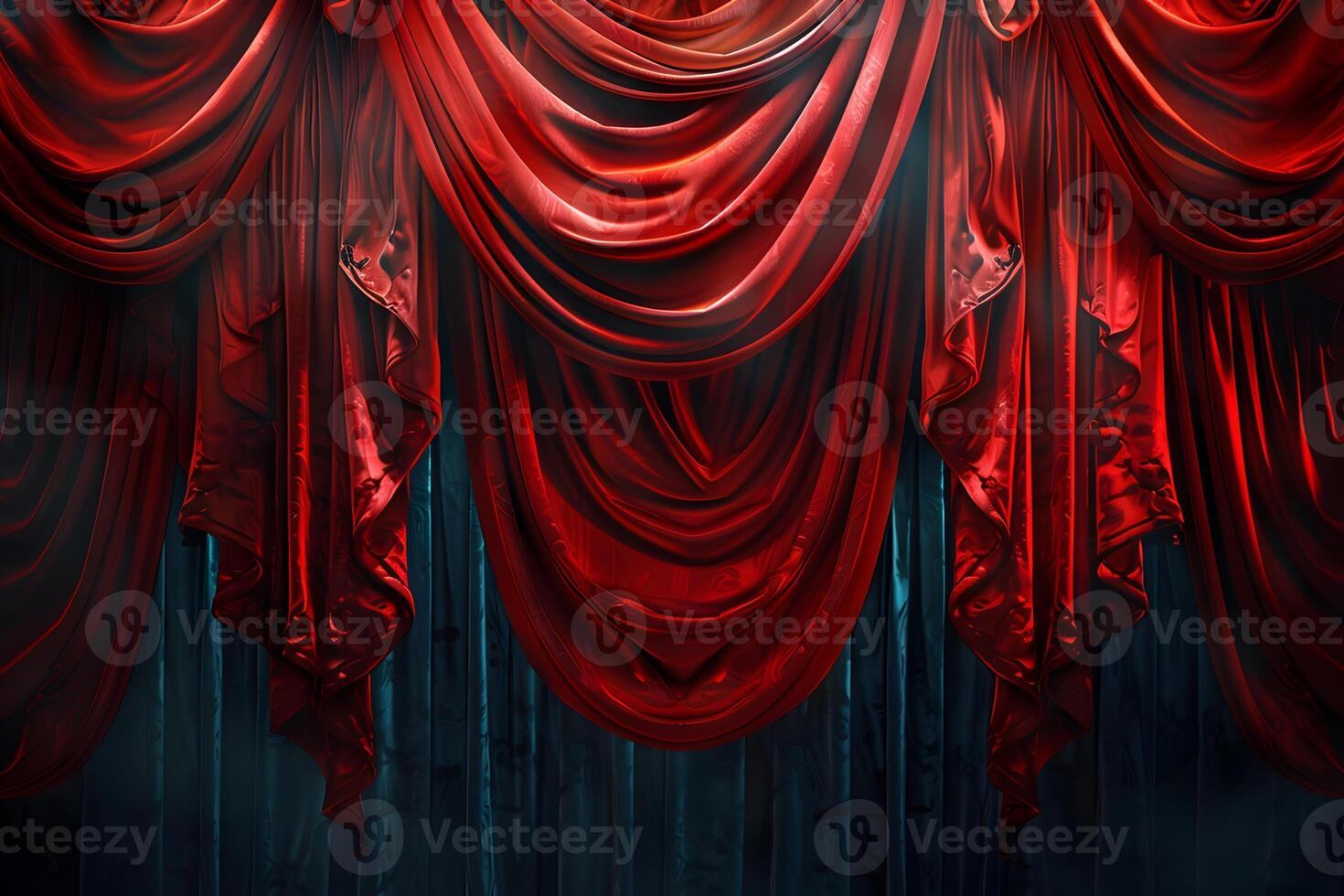 A close up of a red curtain with a clock on it photo