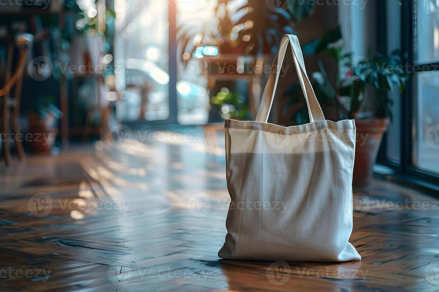 A white bag placed on the floor in a room photo