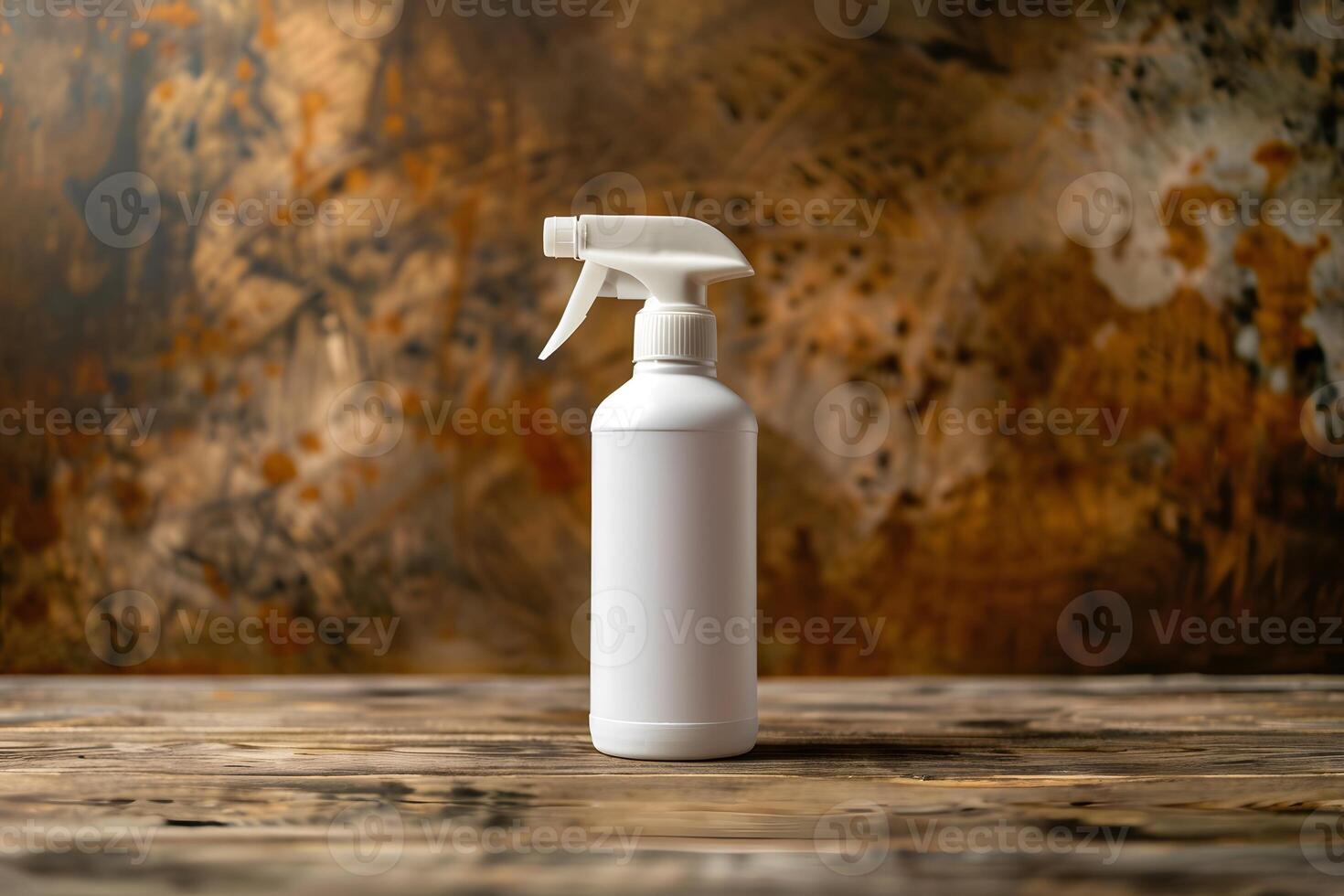 A white spray bottle on a wooden table photo
