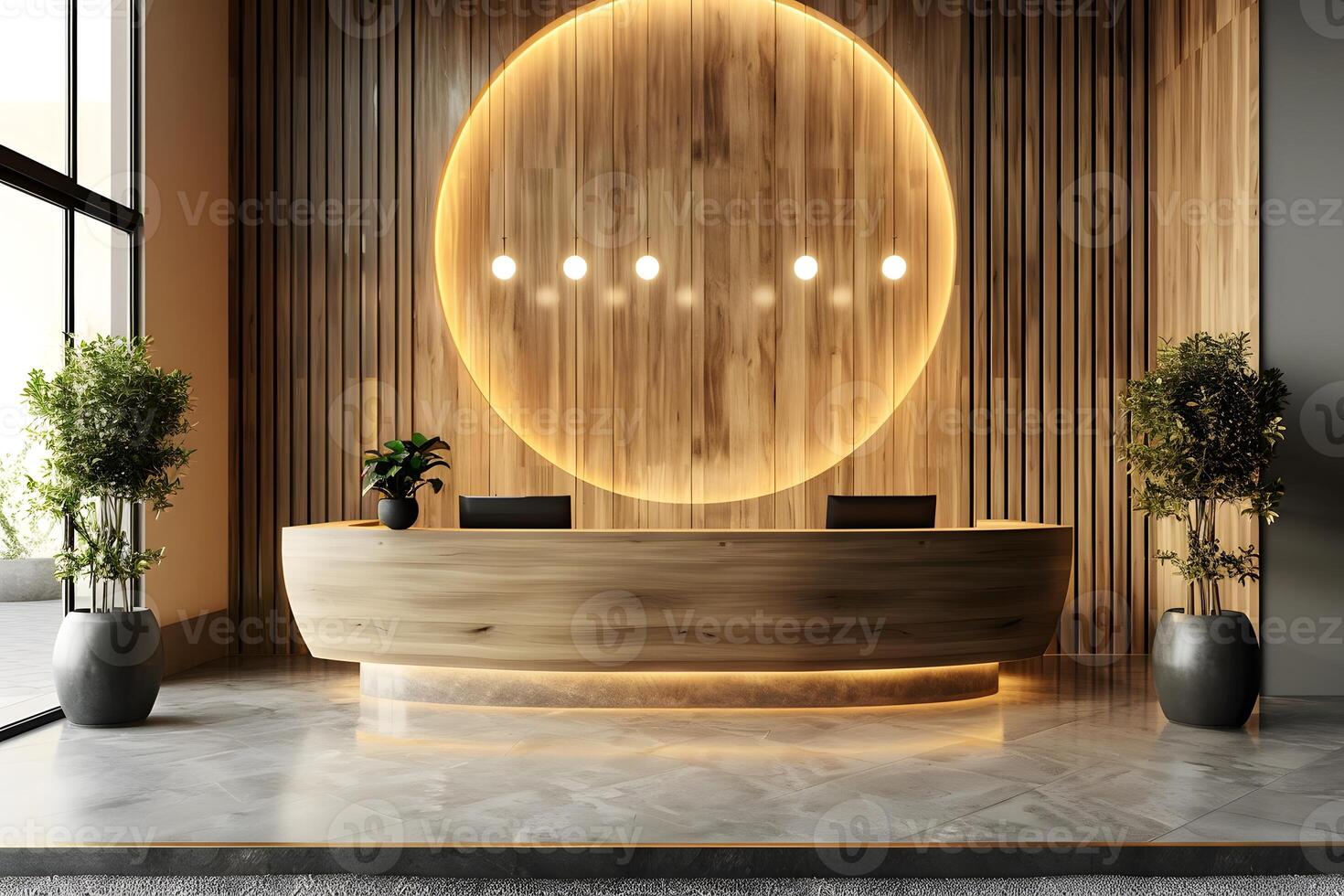 A large circular wooden reception table with a circular light fixture photo