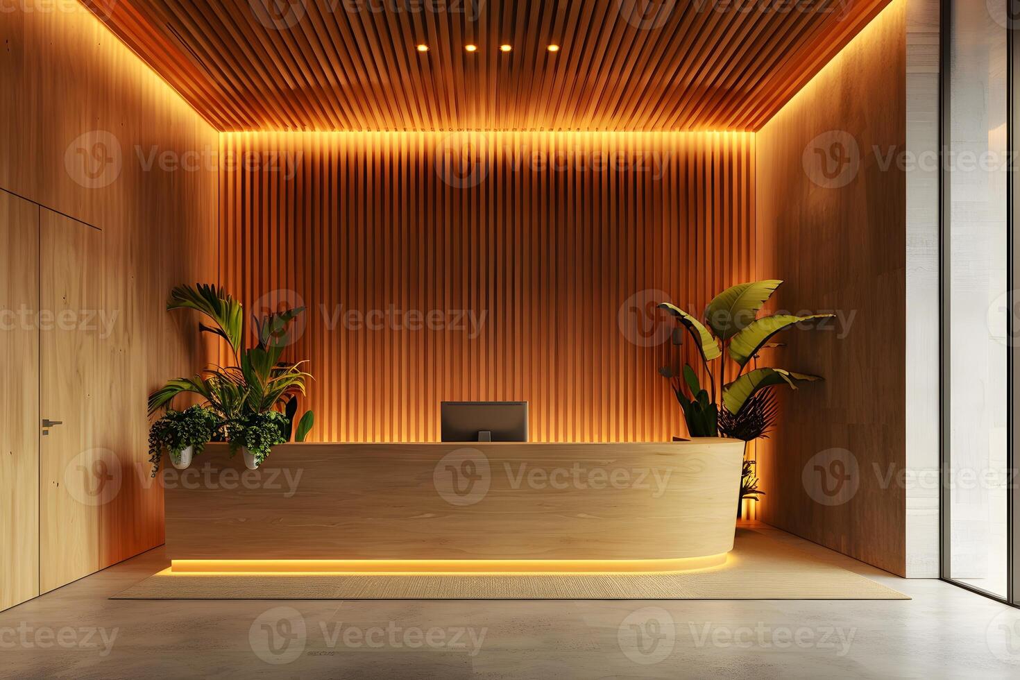 Wooden reception table with plants by corner photo