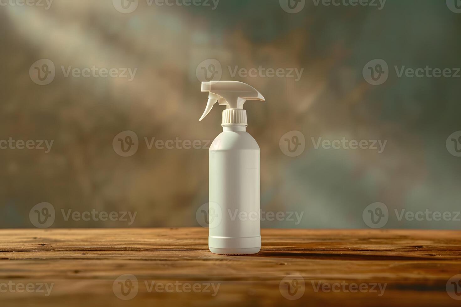 A close up of a spray bottle on a wooden table photo