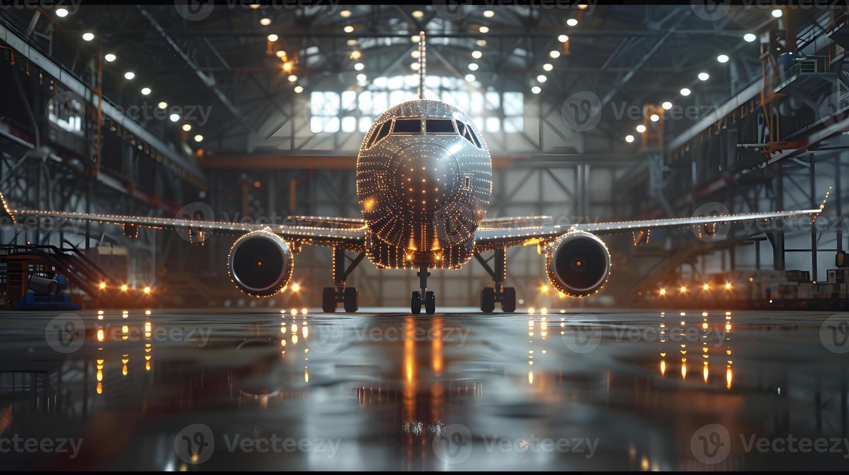 An airplane parked in a hangar with lights on and a person standing by photo