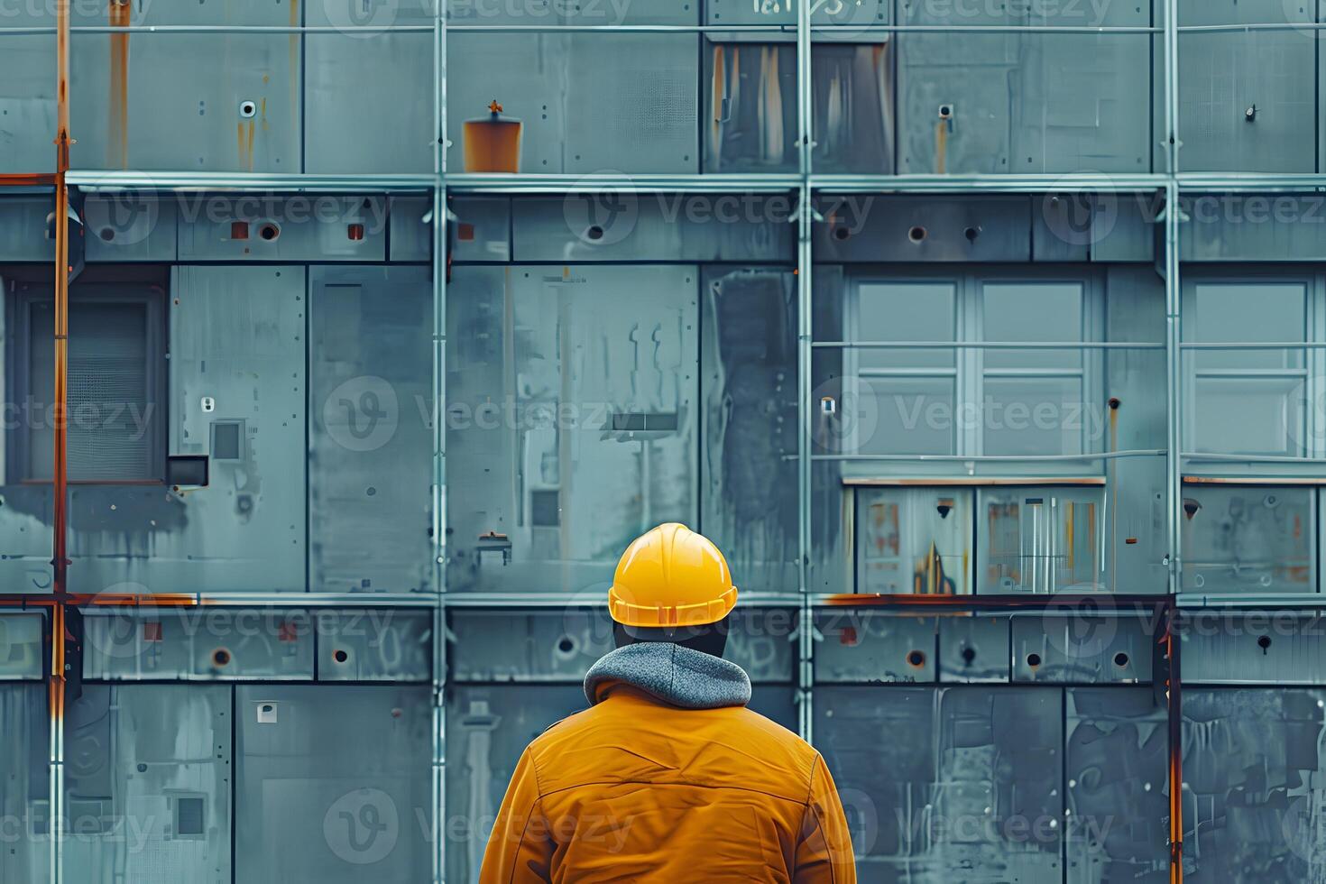 Man in a yellow hard hat standing in front of a building photo