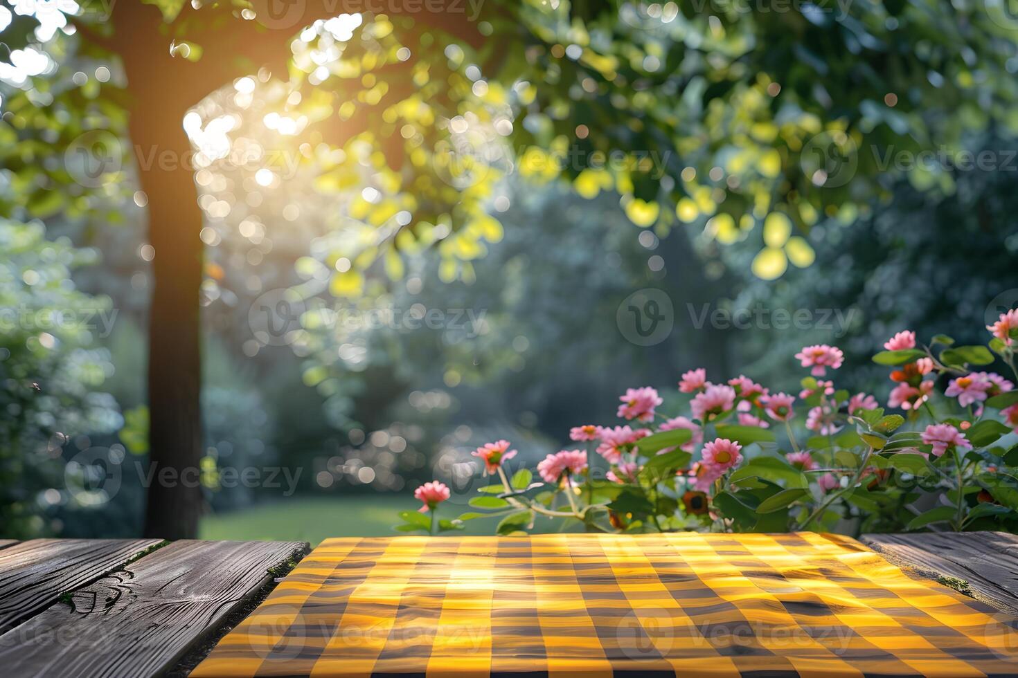 A close up of a table with a yellow and black checkered table cloth photo