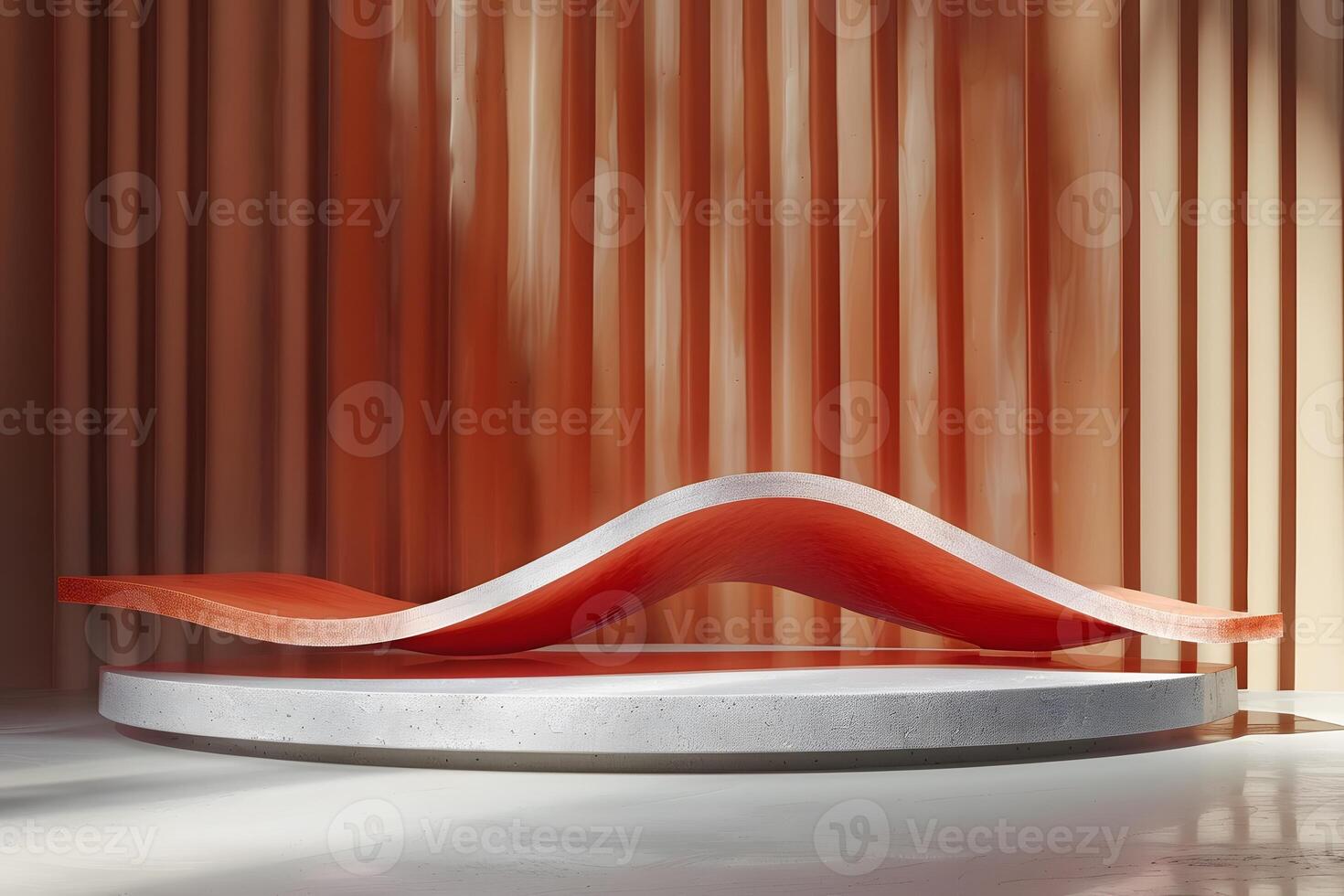 A red and white curved bench on a white surface photo