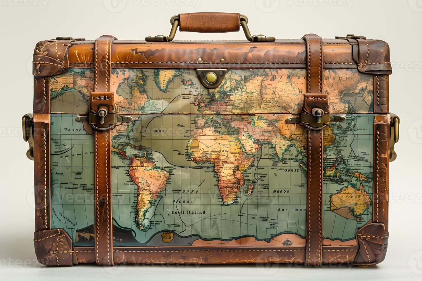 A suitcase with a map on it on a table photo