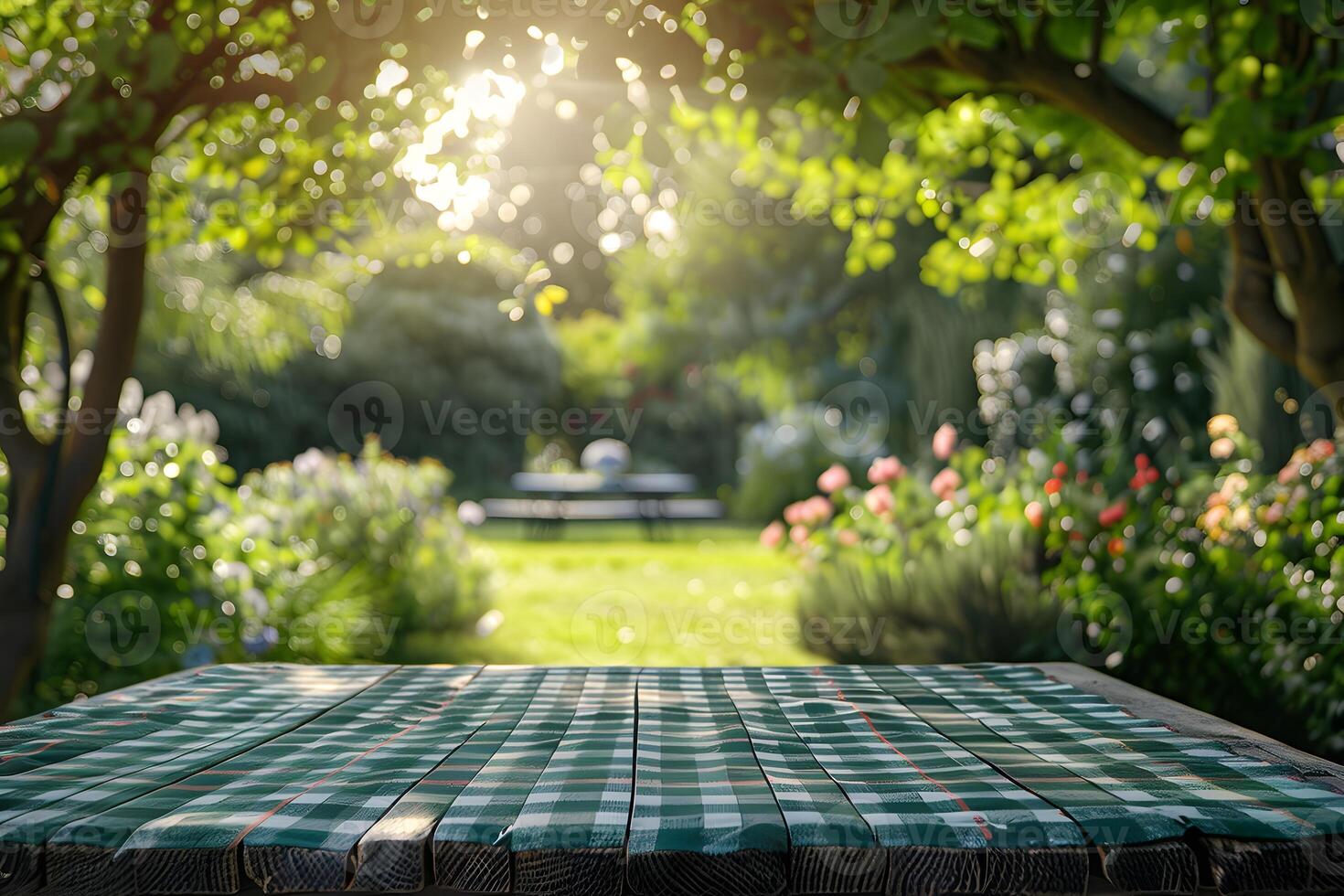 A table with a checkered tablecloth on it photo
