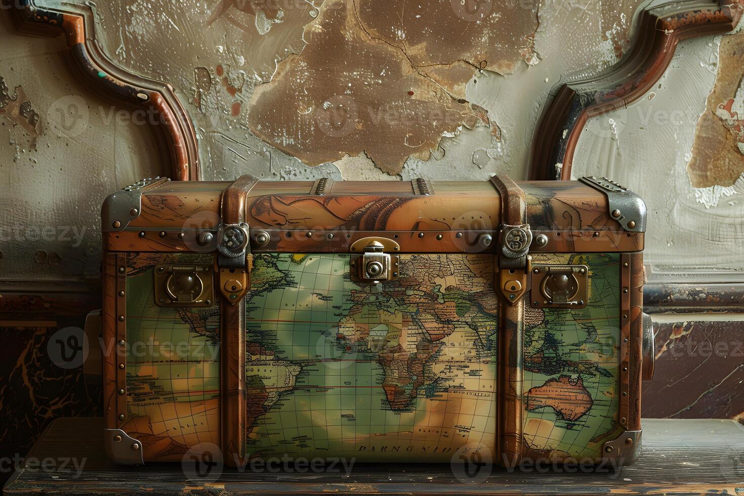 A suitcase with a map on it placed on a table photo