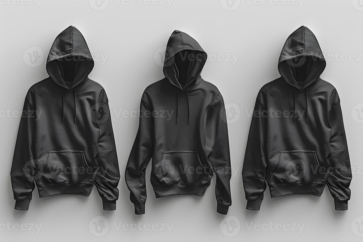 Three black hoodies hanging on a wall with a white background photo