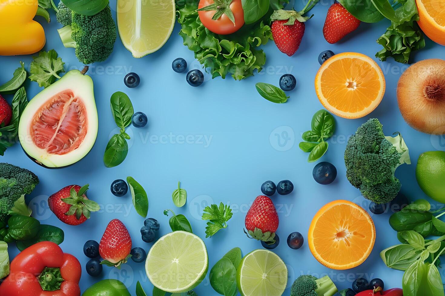 Close up of blue background with assorted fruits and vegetables photo