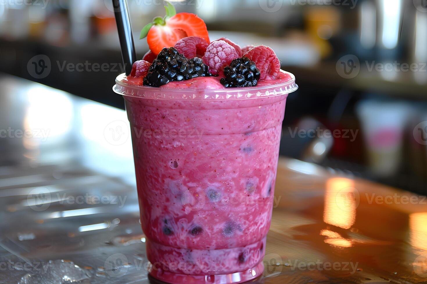 A smoothie with berries and strawberries in a cup photo
