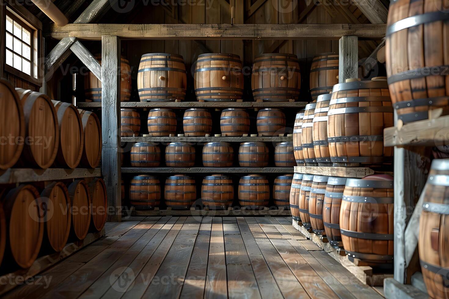 A close up of a room with a bunch of barrels on shelves photo