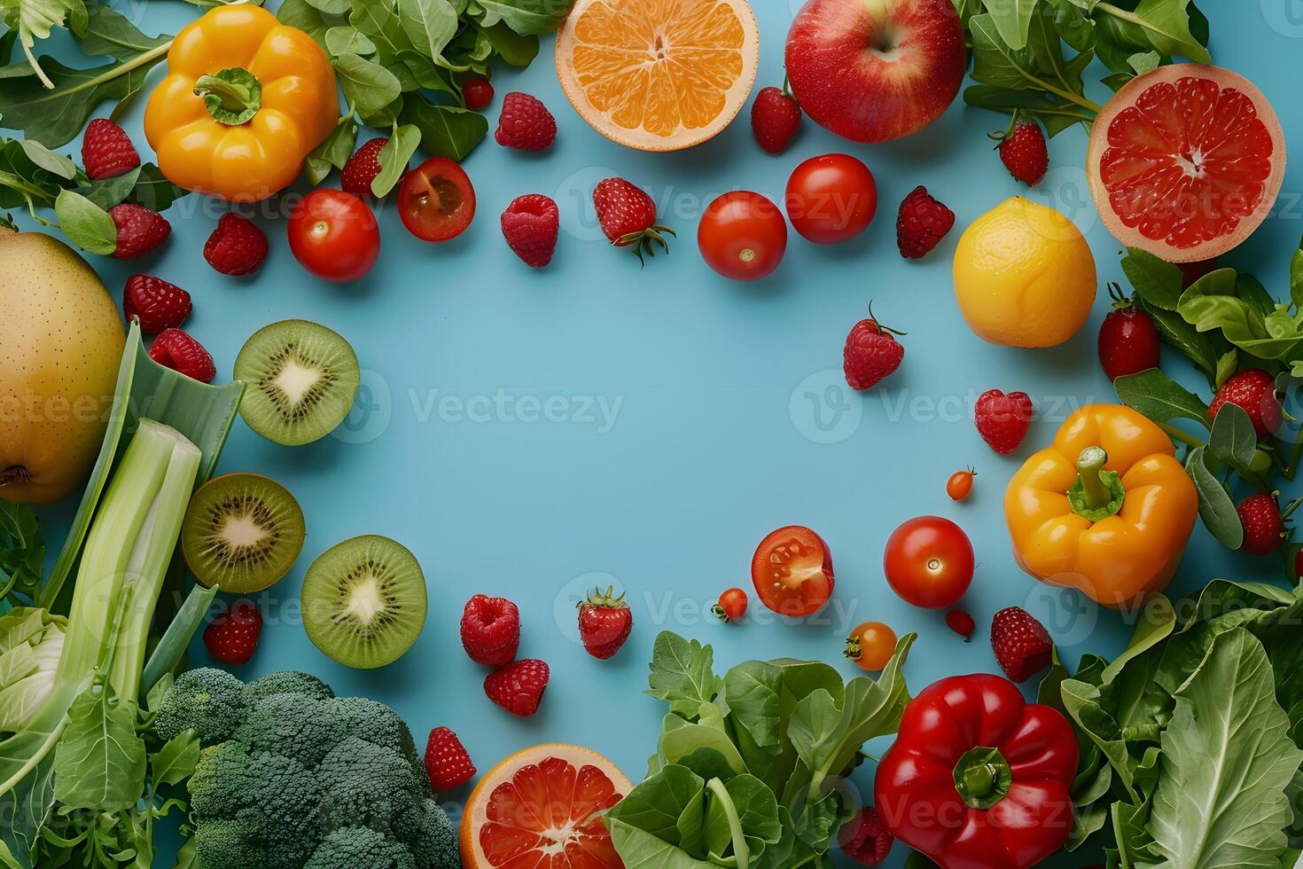 An arrangement of various fruits and vegetables in a circular pattern photo