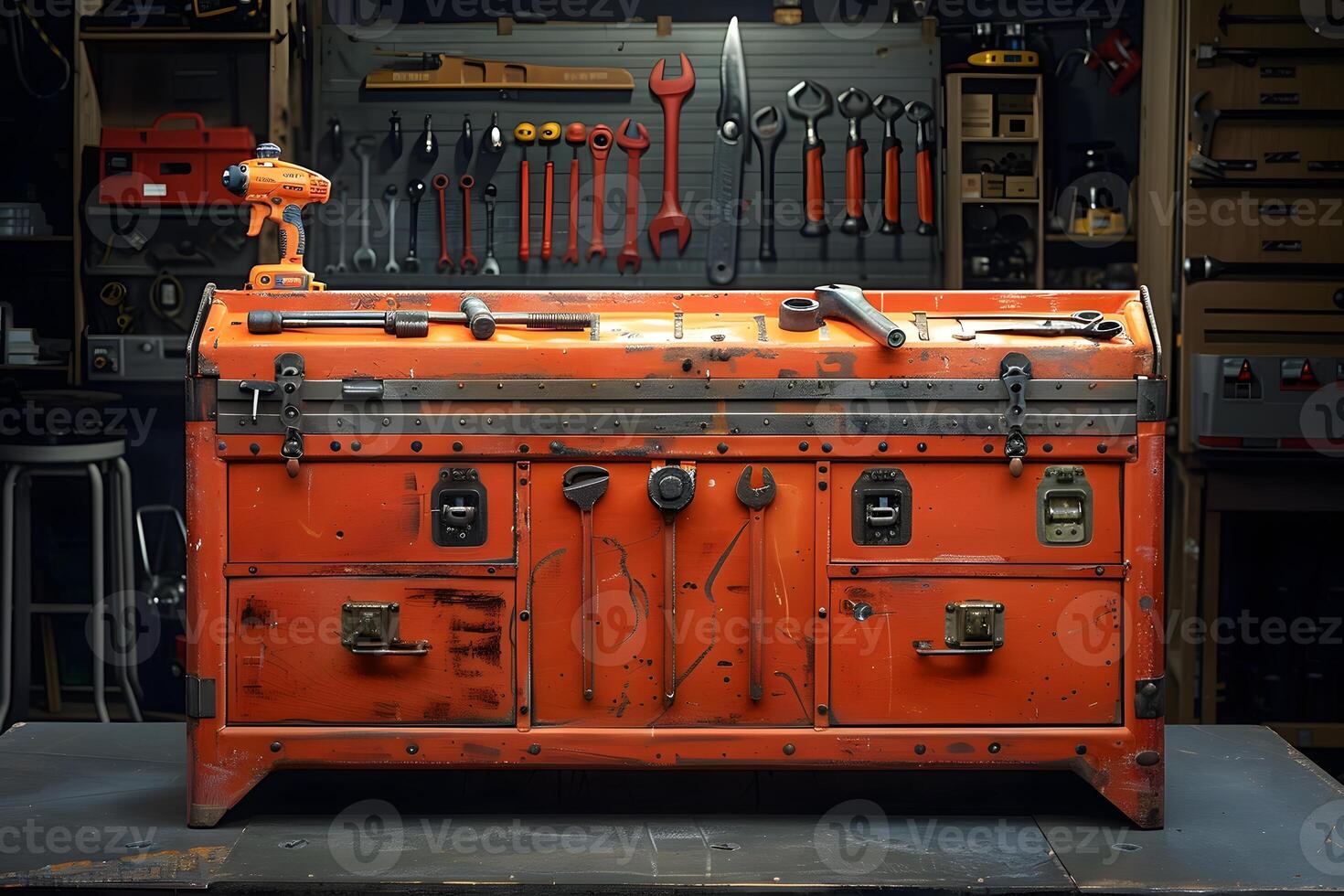 A trunk with tools on it in a garage photo