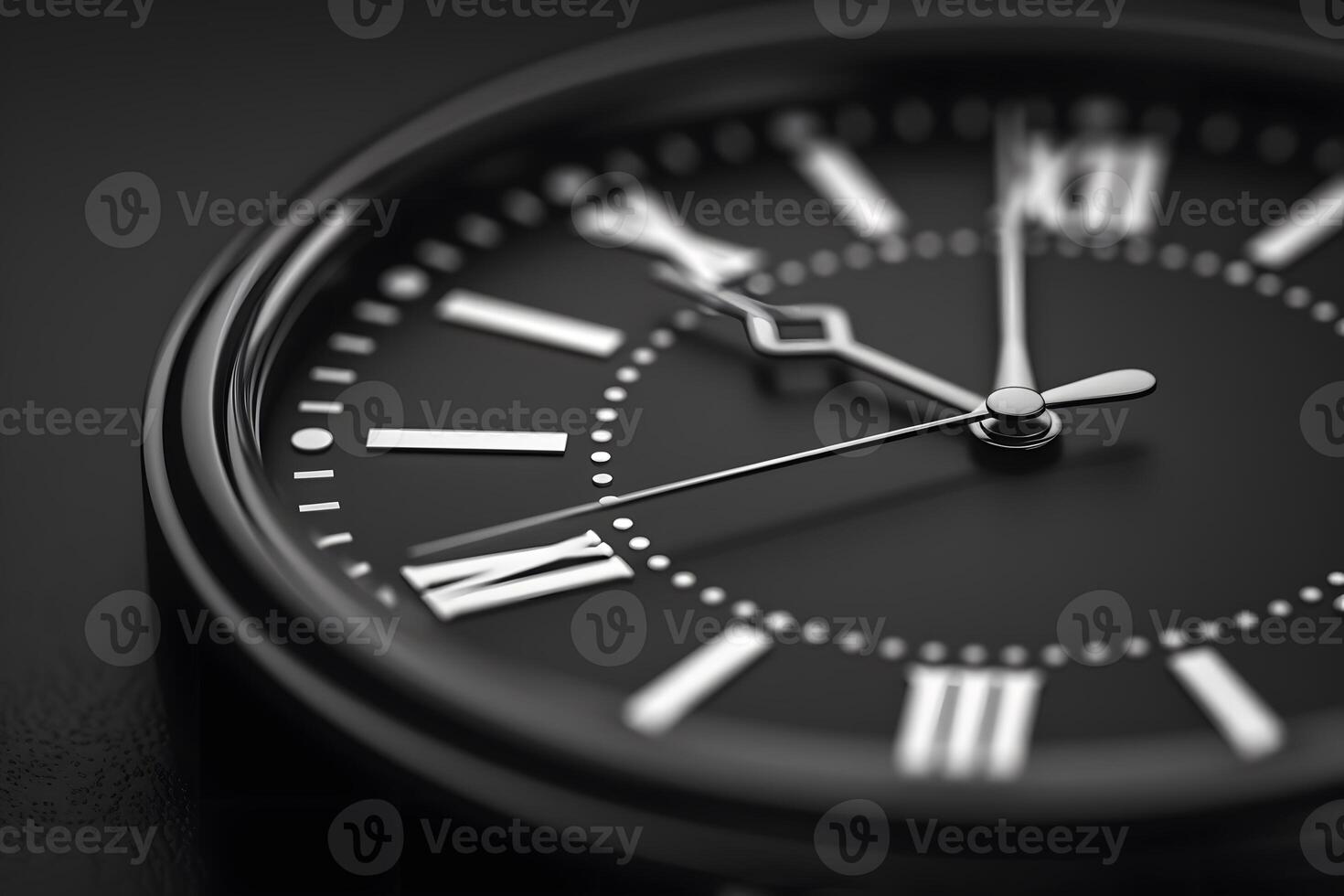 A close up of a clock with roman numerals on a black surface photo