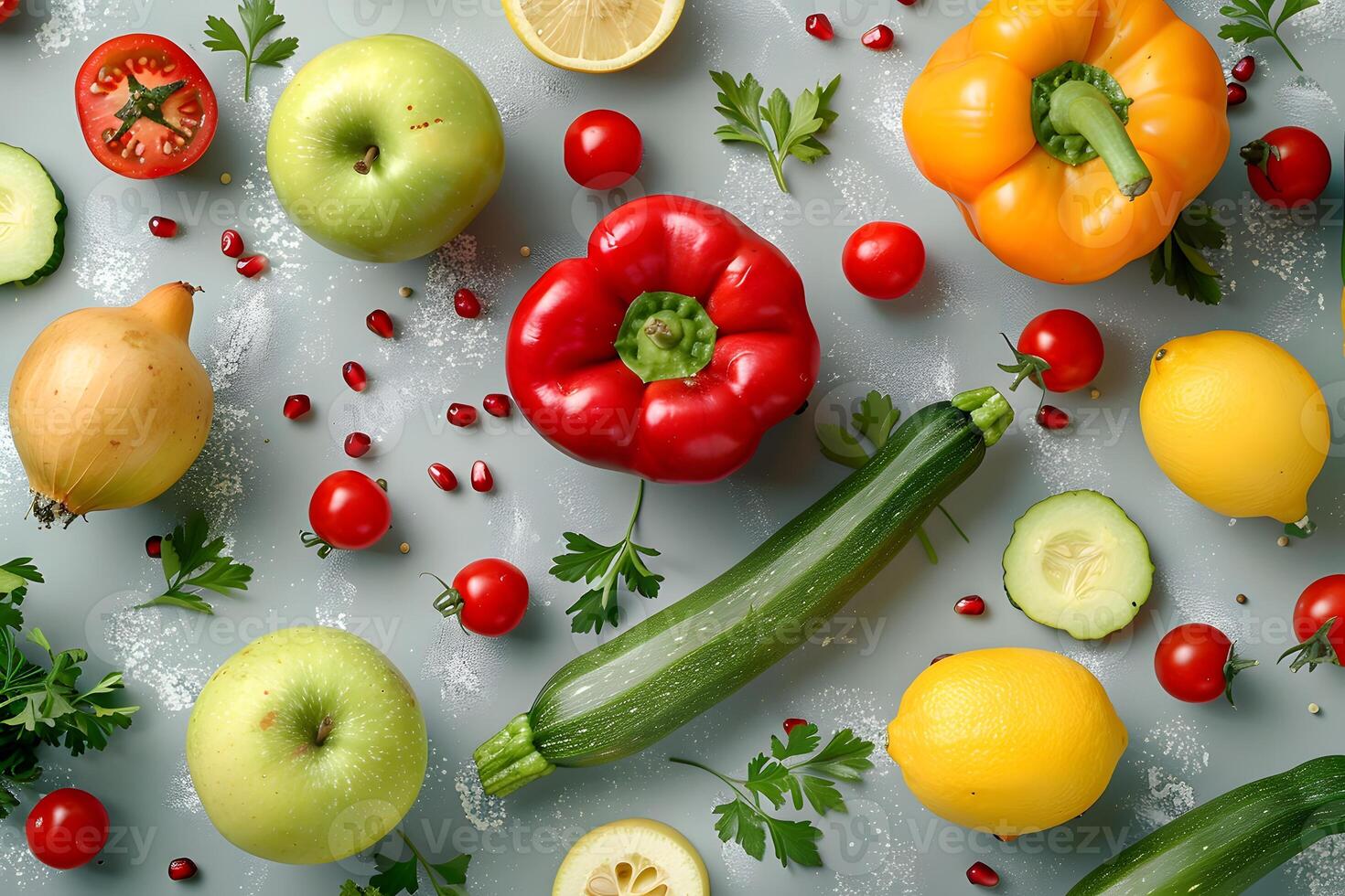 Many different fruits and vegetables on a table photo