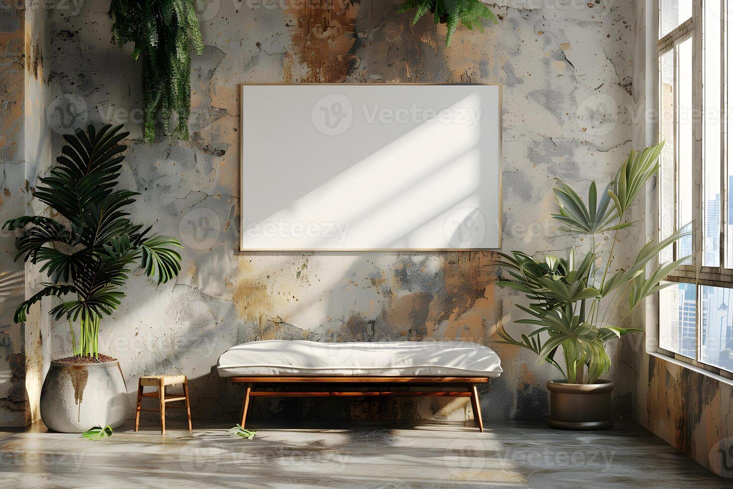 A view of a room with a bed and a plant in it photo