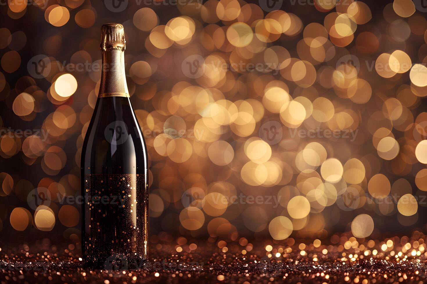 A close up of a bottle of champagne on a table with a sparkling background photo