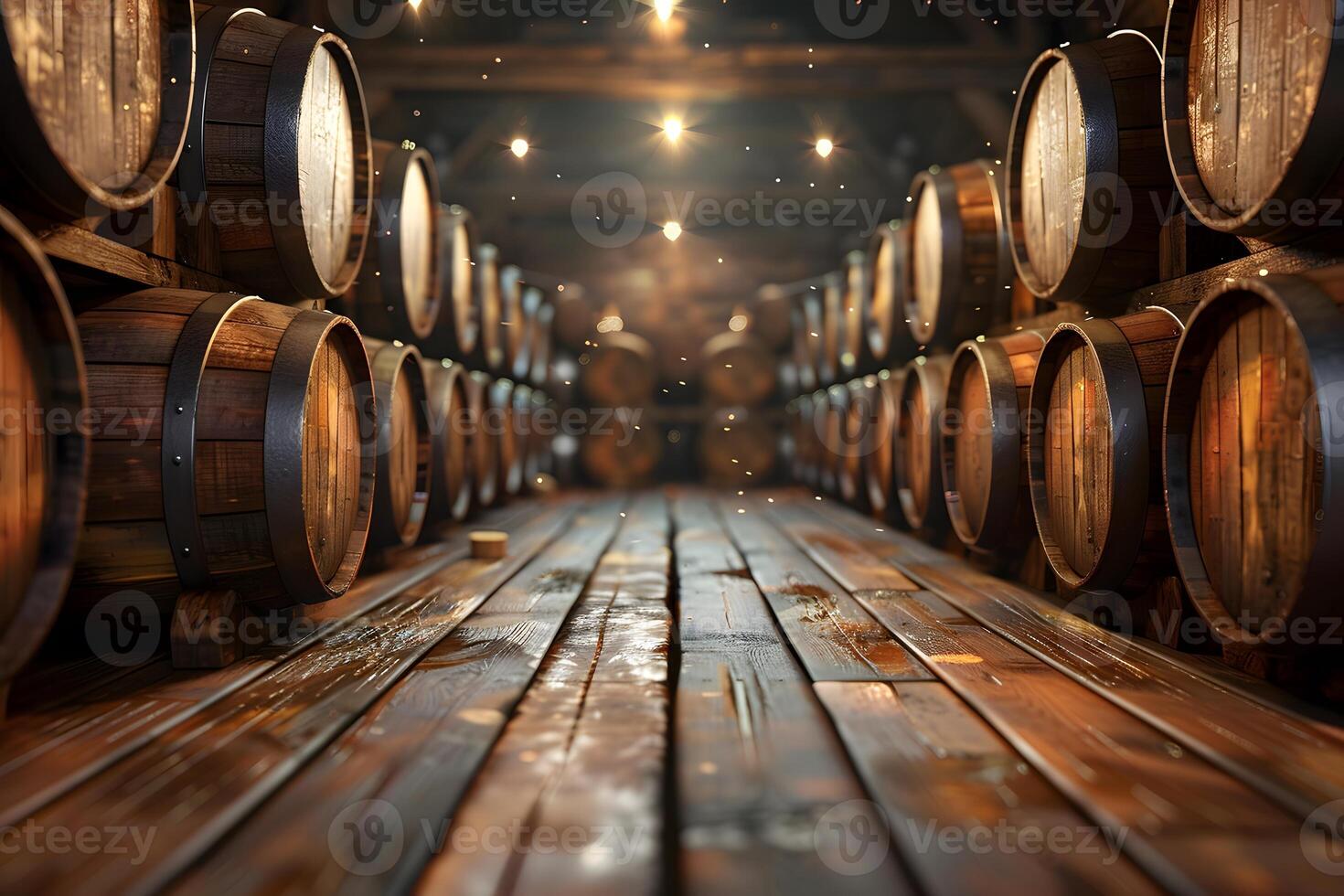 Close up of wooden floor with barrels in room photo