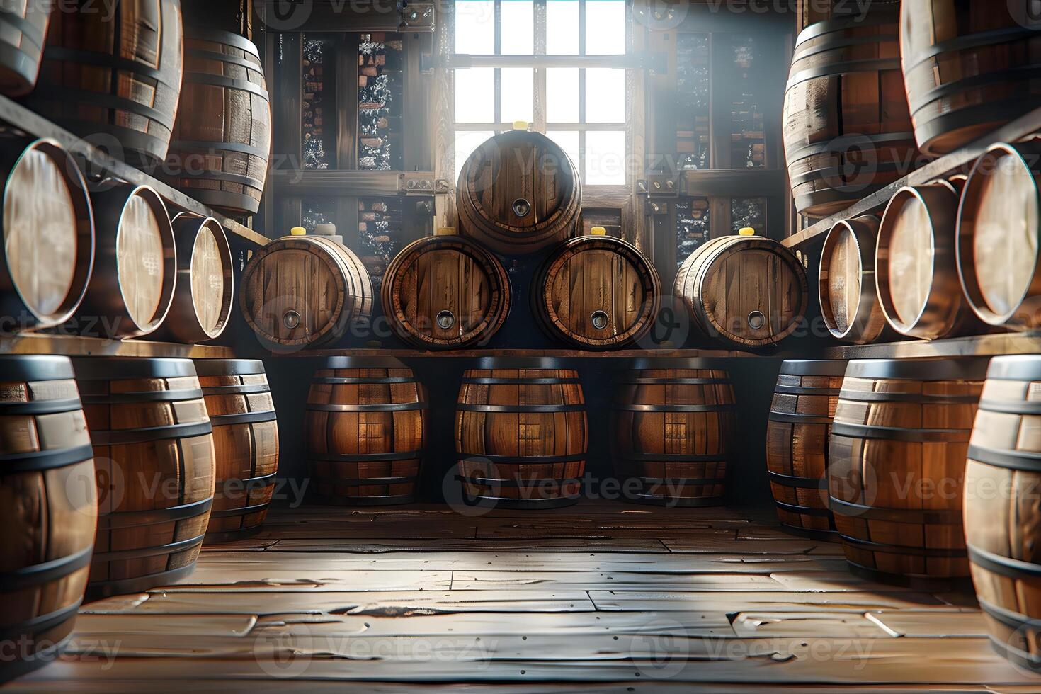 Many barrels stacked in room photo