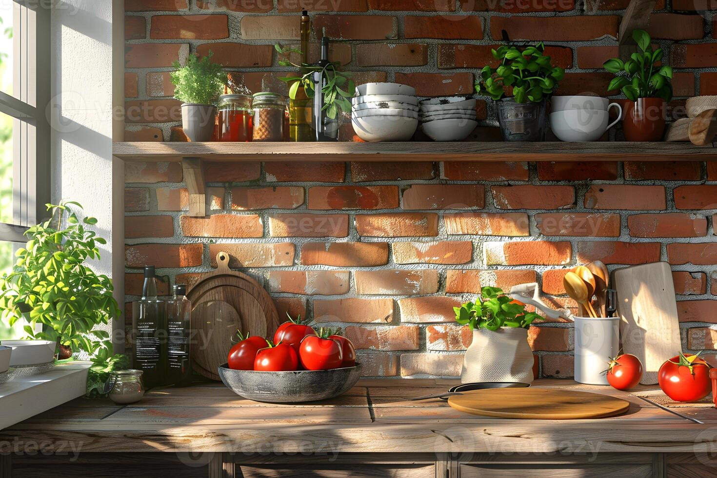 Many tomatoes and assorted vegetables on kitchen counter photo