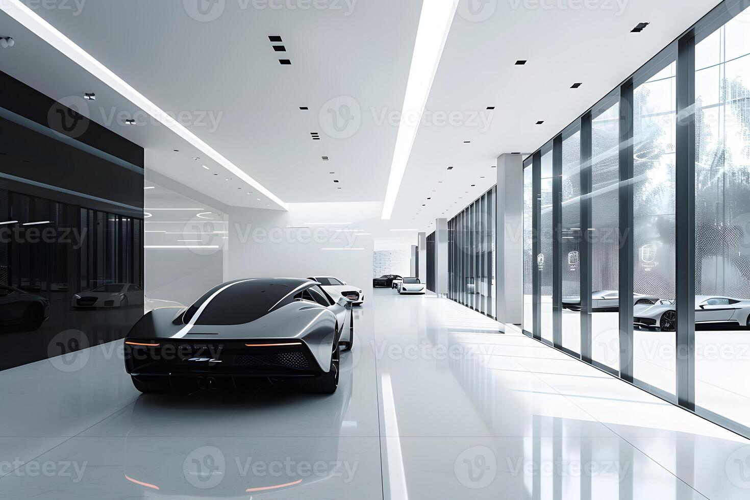 Car displayed in a showroom with large windows photo