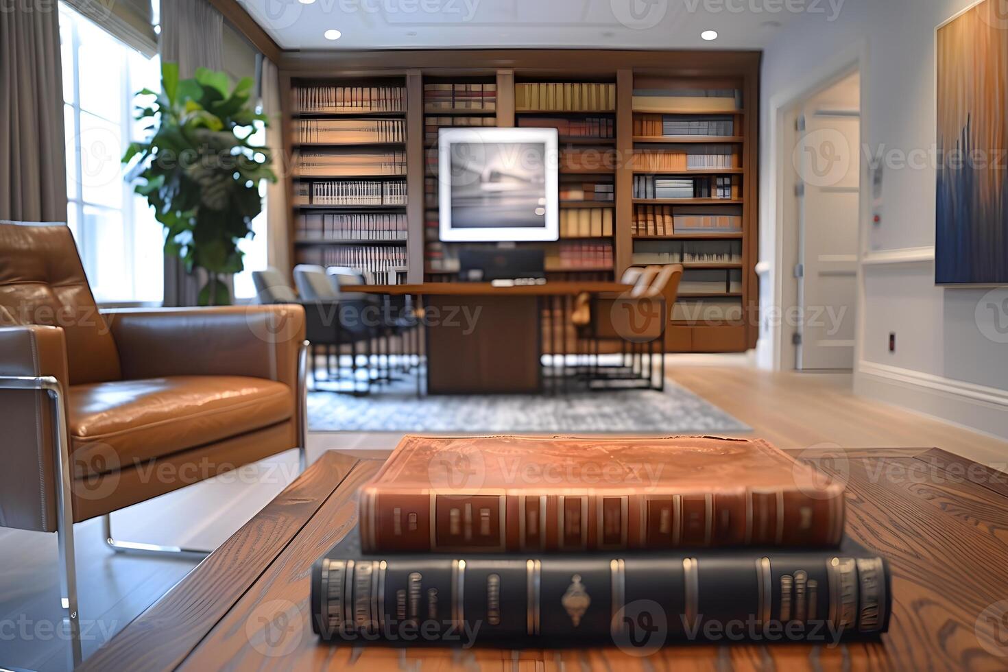 Three books arranged on table in room photo