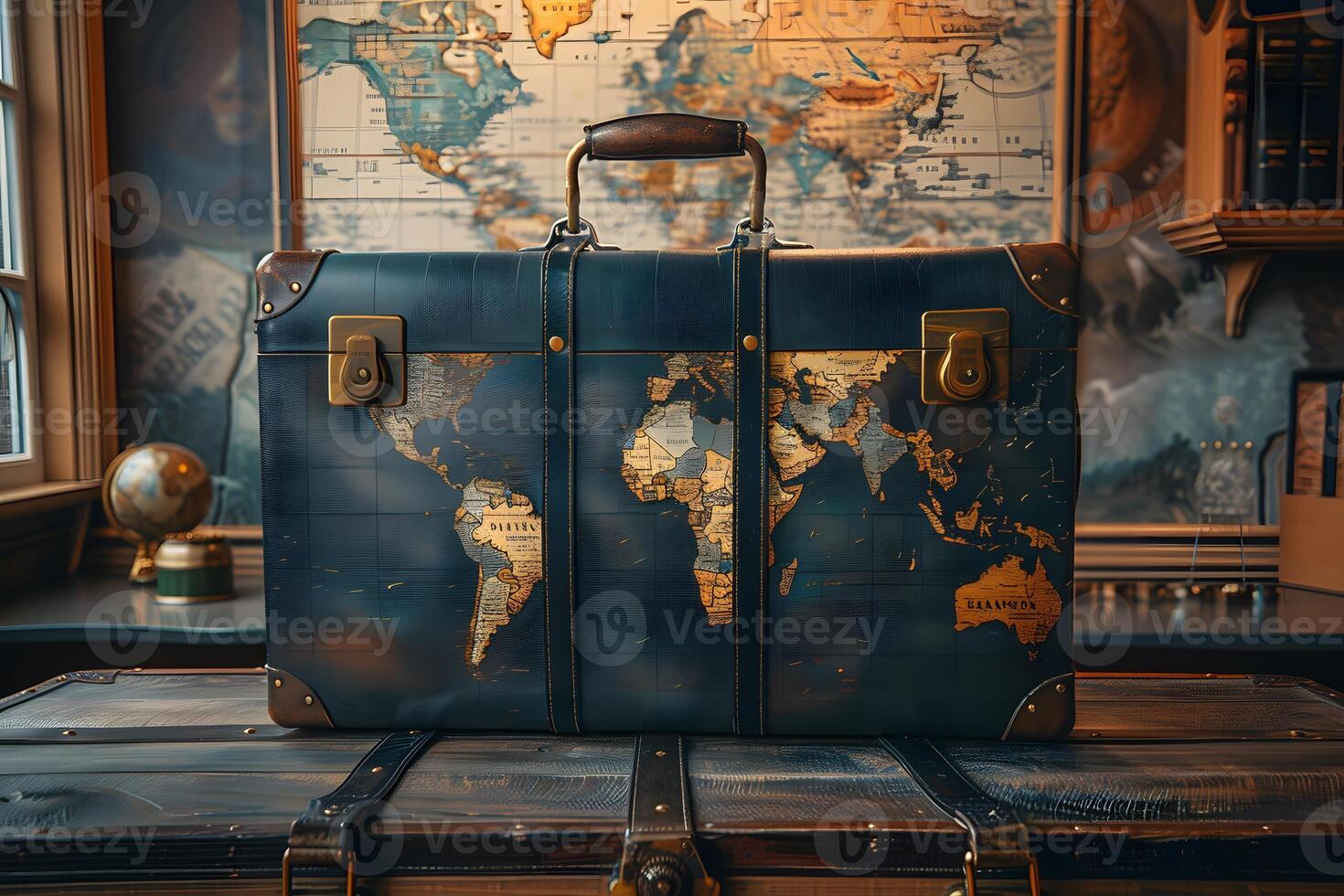 A suitcase on a table with a map photo
