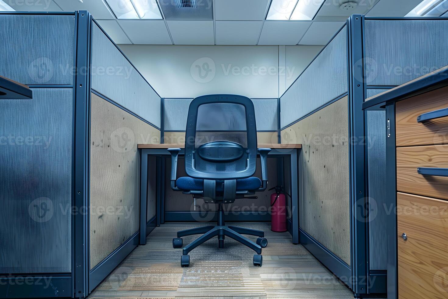A chair in the corner of a cubicle with a desk photo