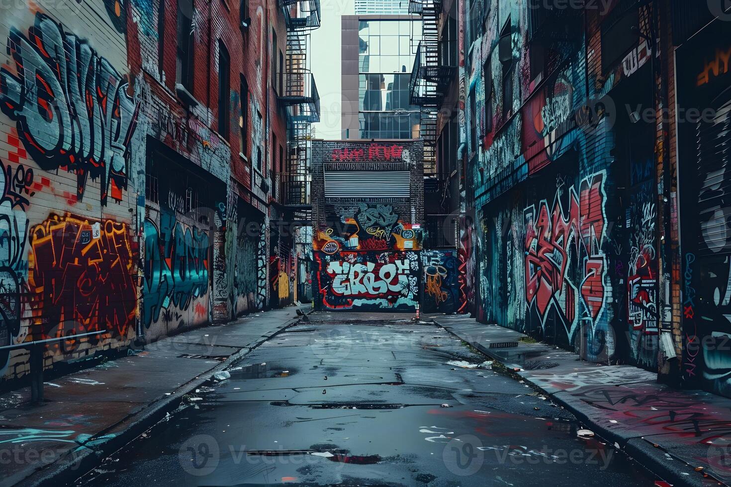 A person walking on a street with graffiti photo