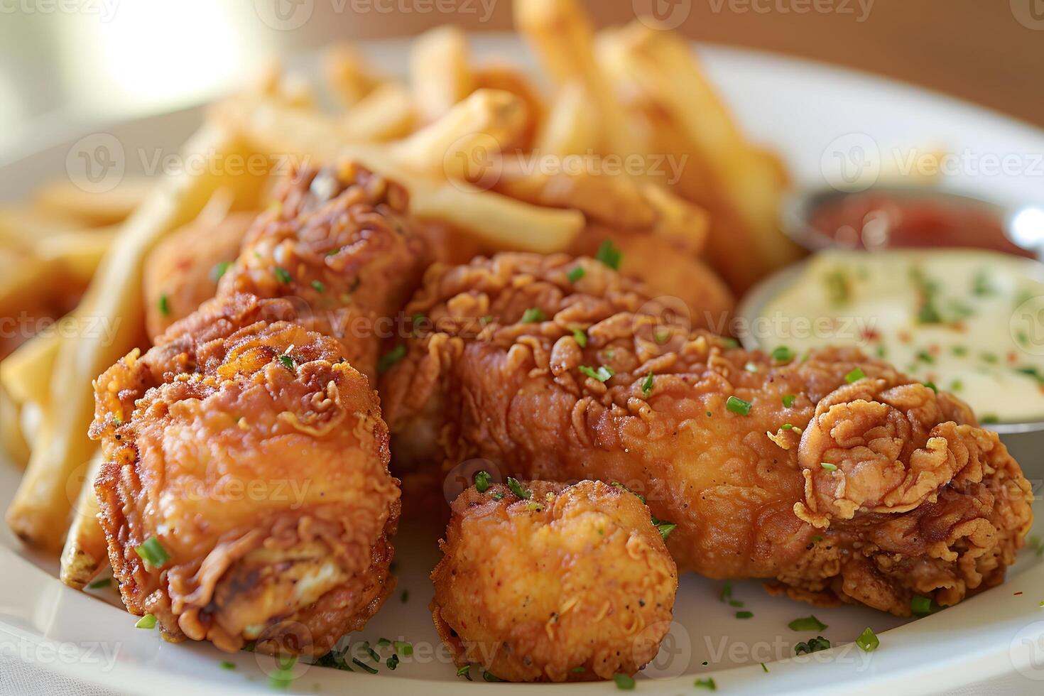 Fried chicken and french fries served with dip photo