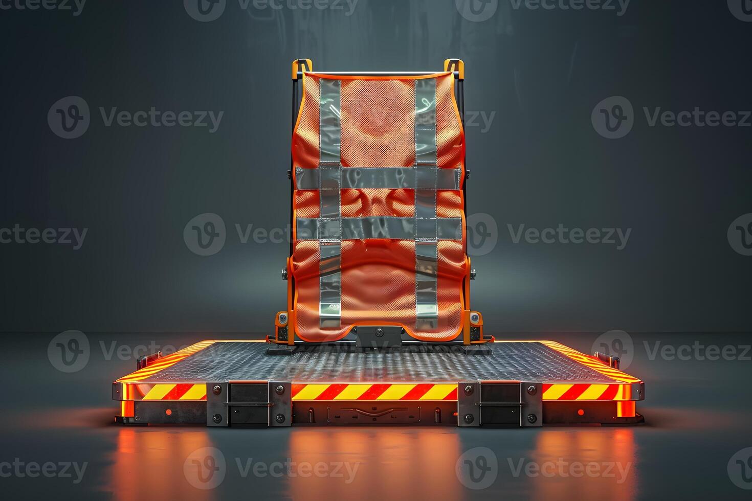 A chair displayed on a platform with a shiny surface photo