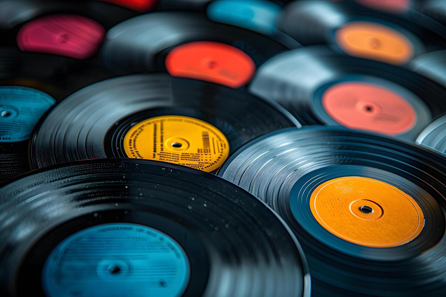 A close up of a bunch of old records on a table photo