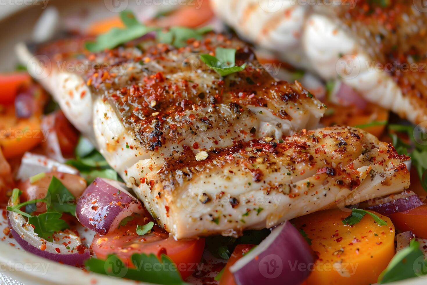 A plate of fish and vegetables on a table photo